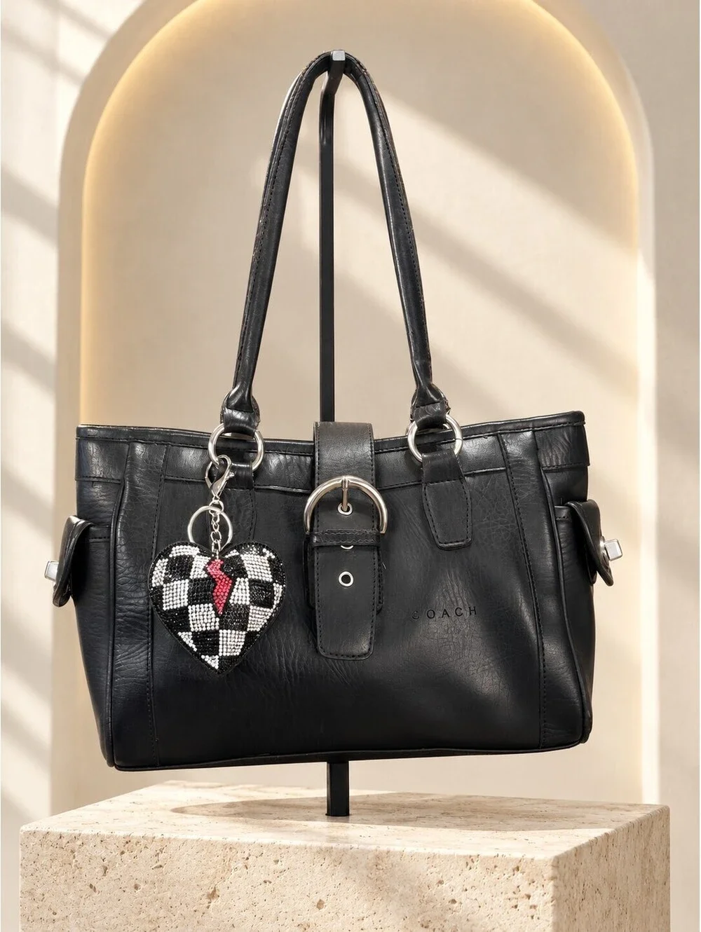 Coach Leather Medium Tote Bag Black with Heart Charm Shoulder Handbag
